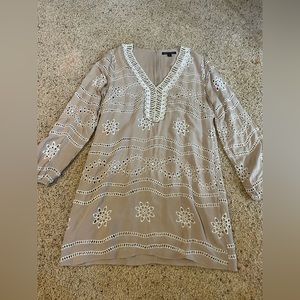 Boston Proper Tan with Lace details Long Sleeve Dress